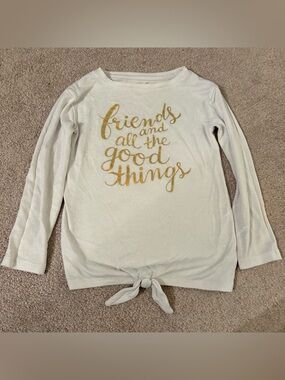 Cat & Jack Cream Long Sleeve Top with Gold Script Tie Front XS 4/5 super soft